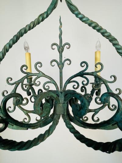 Wrought Iron Industrial Green Painted Chandelier Circa 1930s