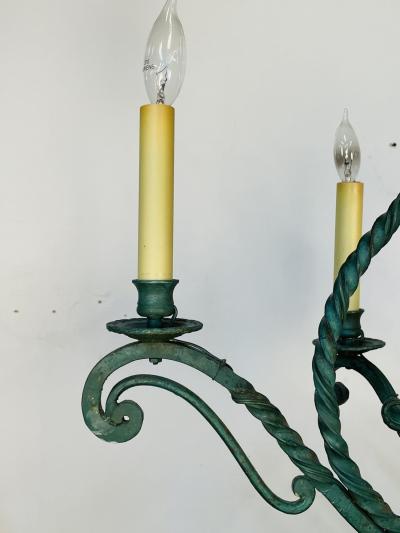Wrought Iron Industrial Green Painted Chandelier Circa 1930s