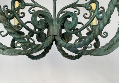 Wrought Iron Industrial Green Painted Chandelier Circa 1930s