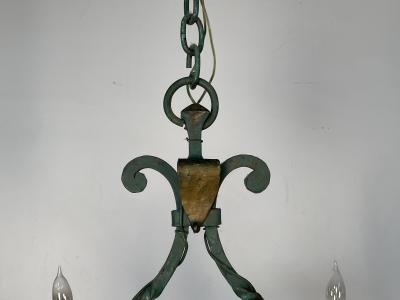 Wrought Iron Industrial Green Painted Chandelier Circa 1930s