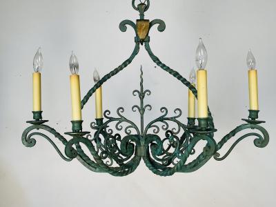 Wrought Iron Industrial Green Painted Chandelier Circa 1930s