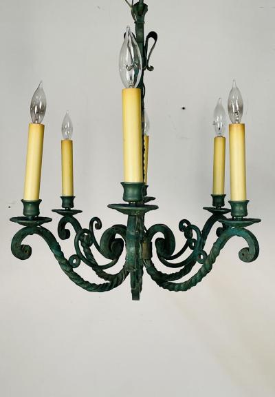 Wrought Iron Industrial Green Painted Chandelier Circa 1930s
