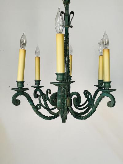 Wrought Iron Industrial Green Painted Chandelier Circa 1930s