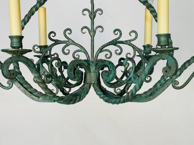 Wrought Iron Industrial Green Painted Chandelier Circa 1930s