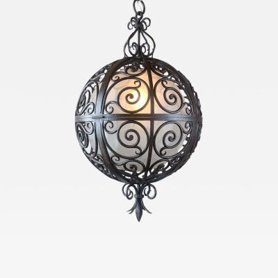 Wrought Iron Round Suspension Lamp with Interior Glass Sphere