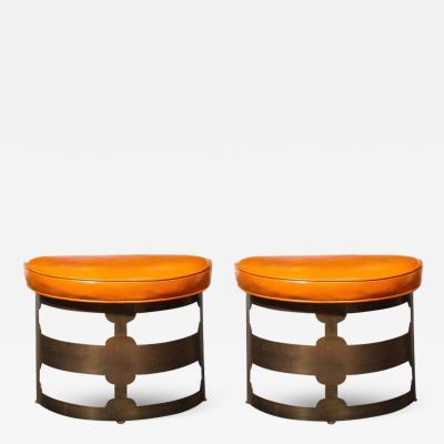 Wyeth Billiard Pair Mid Century Modernist Oil Rubbed Bronze Leather Demilune Stools for Wyeth
