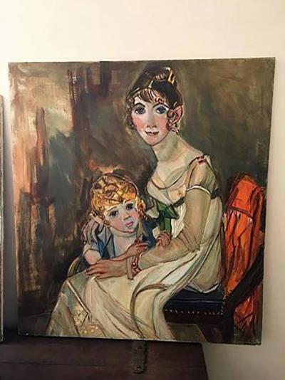 Wyona Diskin Large Signed Modern Painting of Baroque Woman and Child