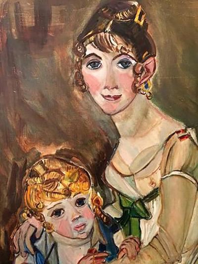 Wyona Diskin Large Signed Modern Painting of Baroque Woman and Child