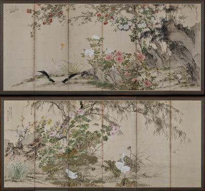 Yamamoto Baiitsu 19th Century Japanese Screen Pair Birds Flowers of the Four Seasons
