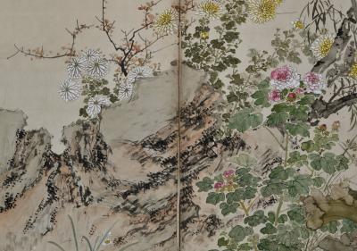 Yamamoto Baiitsu 19th Century Japanese Screen Pair Birds Flowers of the Four Seasons