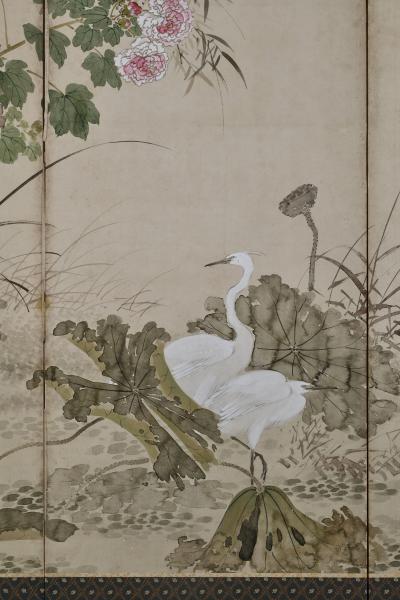 Yamamoto Baiitsu 19th Century Japanese Screen Pair Birds Flowers of the Four Seasons