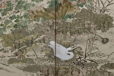 Yamamoto Baiitsu 19th Century Japanese Screen Pair Birds Flowers of the Four Seasons