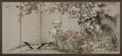 Yamamoto Baiitsu 19th Century Japanese Screen Pair Birds Flowers of the Four Seasons