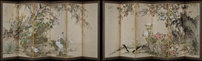 Yamamoto Baiitsu 19th Century Japanese Screen Pair Birds Flowers of the Four Seasons