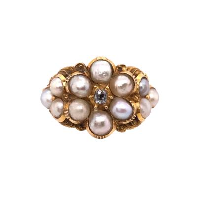 Yellow Gold Antique Cluster of Pearl Ring with Diamond