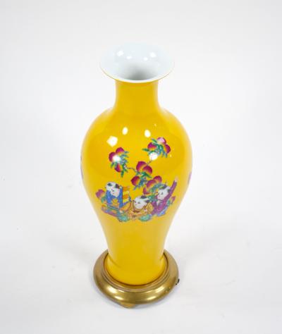 Yellow Perkins Glass Vase Hand Painted Chinoiserie Scene Gilt Brass Base