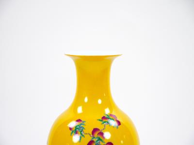 Yellow Perkins Glass Vase Hand Painted Chinoiserie Scene Gilt Brass Base