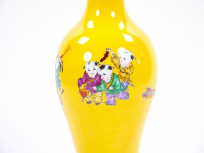 Yellow Perkins Glass Vase Hand Painted Chinoiserie Scene Gilt Brass Base