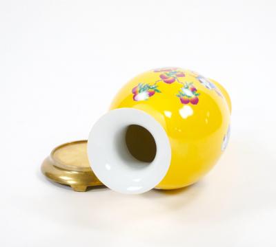 Yellow Perkins Glass Vase Hand Painted Chinoiserie Scene Gilt Brass Base