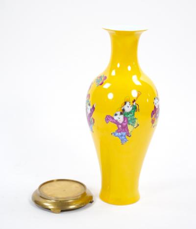 Yellow Perkins Glass Vase Hand Painted Chinoiserie Scene Gilt Brass Base
