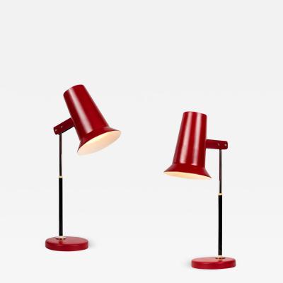 Yki Nummi Pair of 1950s Yki Nummi Red Table Lamps for Orno