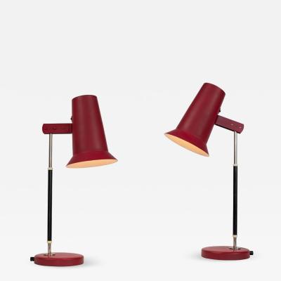 Yki Nummi Pair of 1950s Yki Nummi Red Table Lamps for Orno