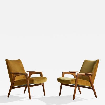 Yngve Ekstrom Lounge Chairs with Teak and Velvet Sweden 1960s