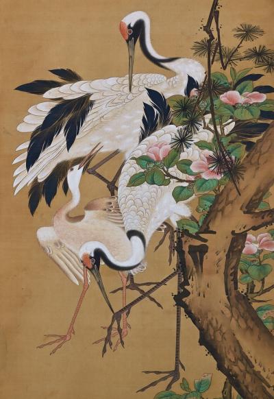Yoshu Chikanobu 19th Century Japanese Silk Painting by Kano Chikanobu Cranes Pine Camelia 