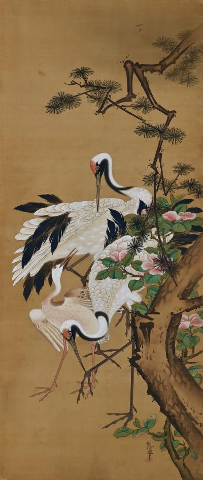 Yoshu Chikanobu 19th Century Japanese Silk Painting by Kano Chikanobu Cranes Pine Camelia 