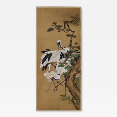 Yoshu Chikanobu 19th Century Japanese Silk Painting by Kano Chikanobu Cranes Pine Camelia 