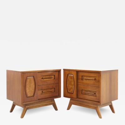 Young Manufacturing Mid Century Walnut and Burlwood Nightstands A Pair