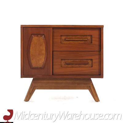 Young Manufacturing Mid Century Walnut and Burlwood Nightstands Pair
