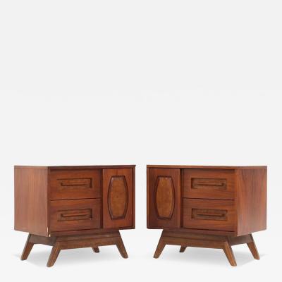 Young Manufacturing Mid Century Walnut and Burlwood Nightstands Pair