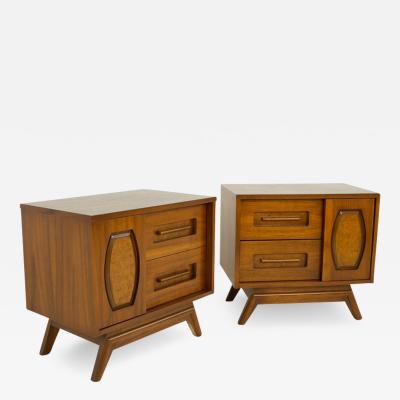 Young Manufacturing Walnut and Burlwood Sliding Door Nightstands A Pair