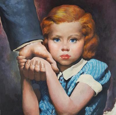 Young girl Redhead Holding her fathers hand Illustration