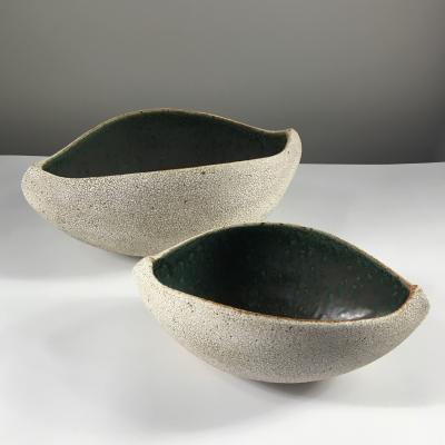 Yumiko Kuga Set of 2 Boat Shaped Pottery Bowls with Dark Inner Glaze by Yumiko Kuga