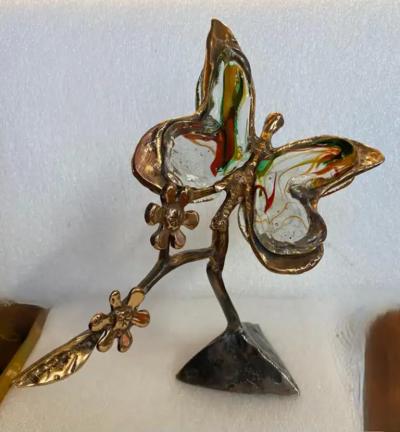 Yves Lohe 1970 80 Butterfly In Bronze And Glass Paste Sculpture Signed LOHE