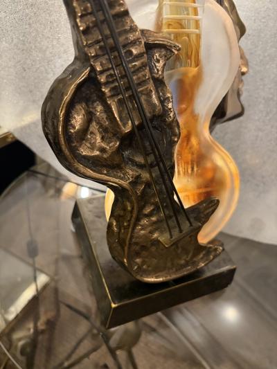Yves Lohe 1970 80 Guitar Lamp in Bronze and Pate de Verre Sculpture Signed