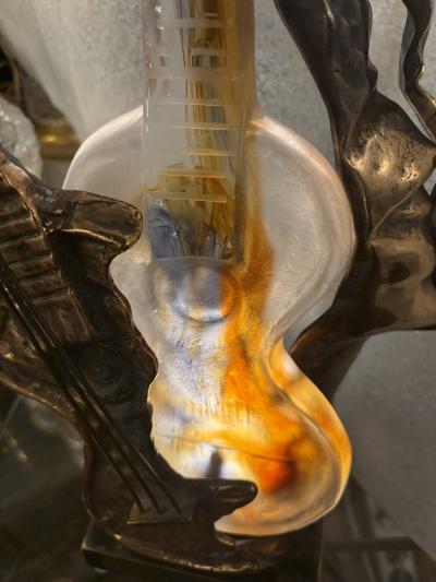 Yves Lohe 1970 80 Guitar Lamp in Bronze and Pate de Verre Sculpture Signed