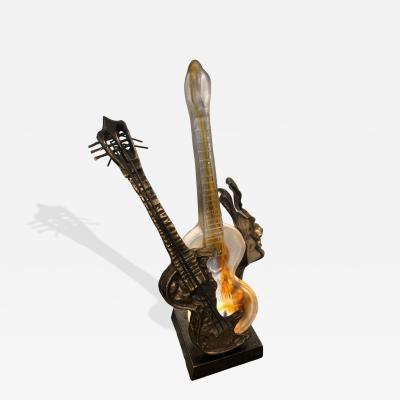 Yves Lohe 1970 80 Guitar Lamp in Bronze and Pate de Verre Sculpture Signed