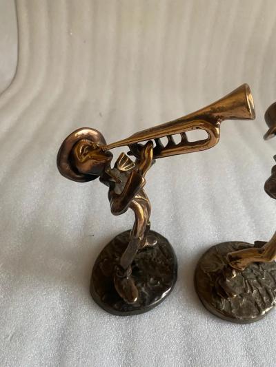 Yves Lohe 1970 80 Saxophonist and Trumpeter and Violin in Bronze Sculptures Signed LOHE