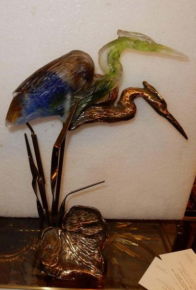 Yves Lohe Bronze Heron and Molten Glass Signed Lohe 1970 1980
