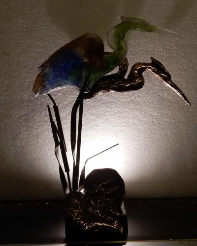 Yves Lohe Bronze Heron and Molten Glass Signed Lohe 1970 1980