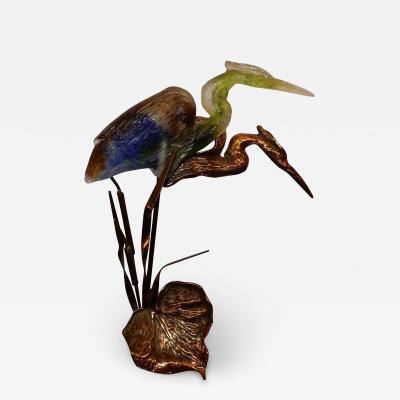 Yves Lohe Bronze Heron and Molten Glass Signed Lohe 1970 1980