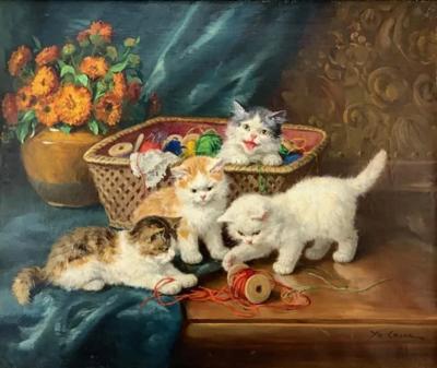 Yvonne Laur 19th Century Oil on Canvas Painting of Kittens Cats Cat Playing