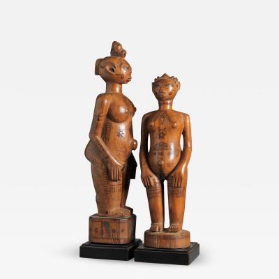 Zela People DRC Two Wooden Ancestors Sculptures with Scarifications 