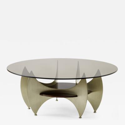 brazilian abstract rare brushed iron steel mahogany round coffee table