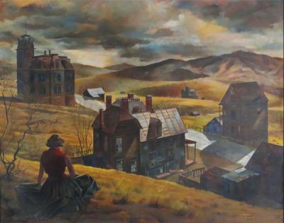 chet Engle Virginia City by Chet Engles Oil on Board