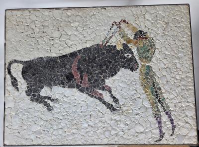 eduardo alvarado 1950s Eduardo Alvarado Mexican Mosaic Banderillero Rosewood Table Castillo Taxco