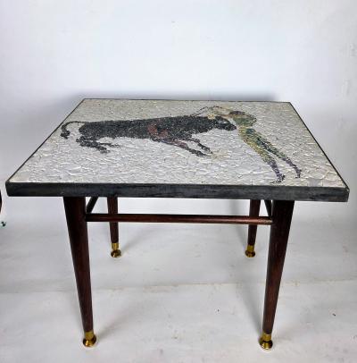 eduardo alvarado 1950s Eduardo Alvarado Mexican Mosaic Banderillero Rosewood Table Castillo Taxco